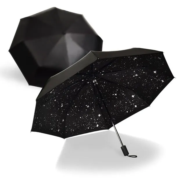New Style Starry Sky Black Coating Windproof Anti UV Sun/Rain Triple Folding Umbrella