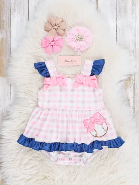 Pink & Navy Gingham Embroidered Baseball Ruffle Bubble
