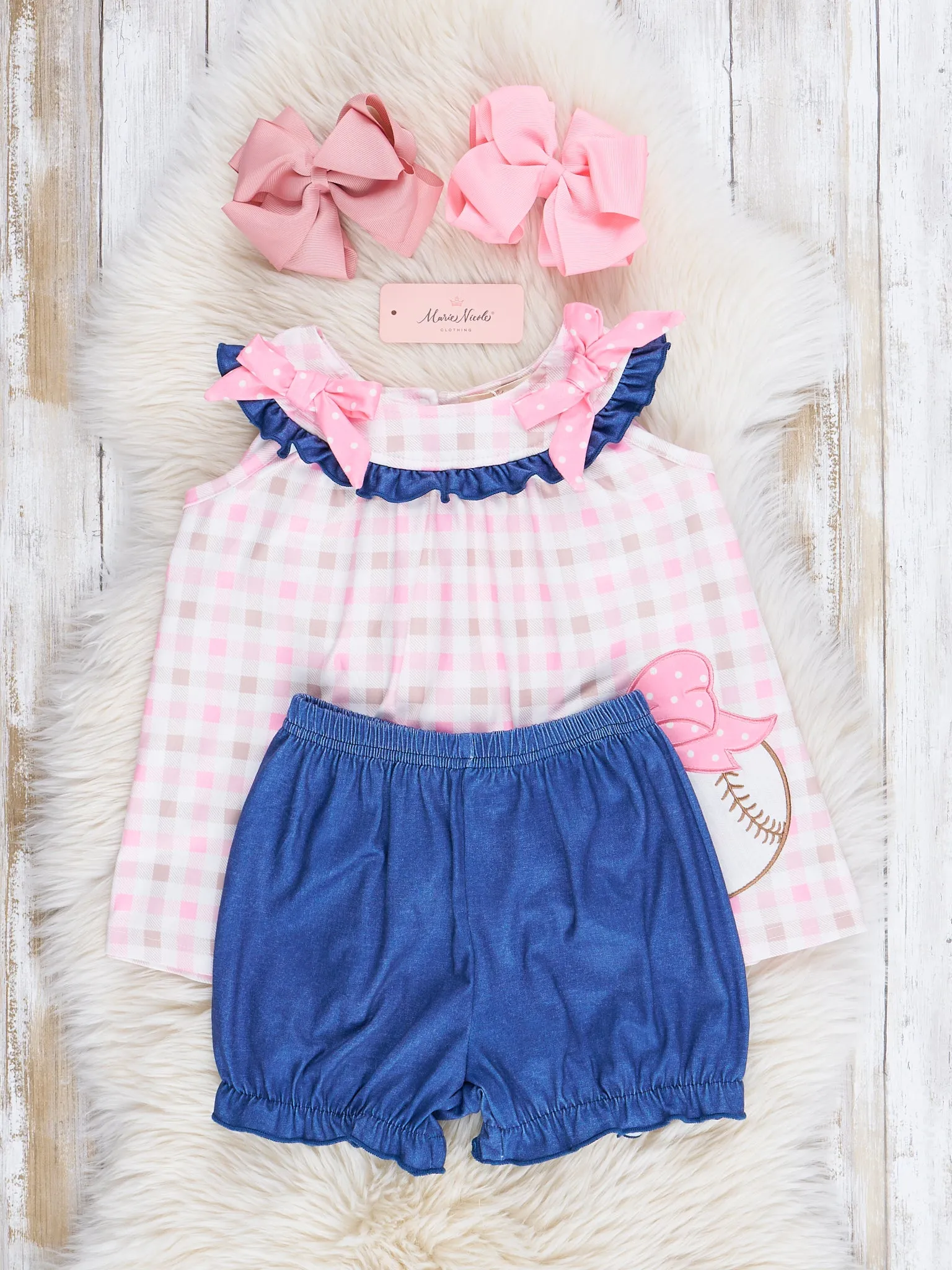Pink & Navy Gingham Embroidered Baseball Ruffle Outfit