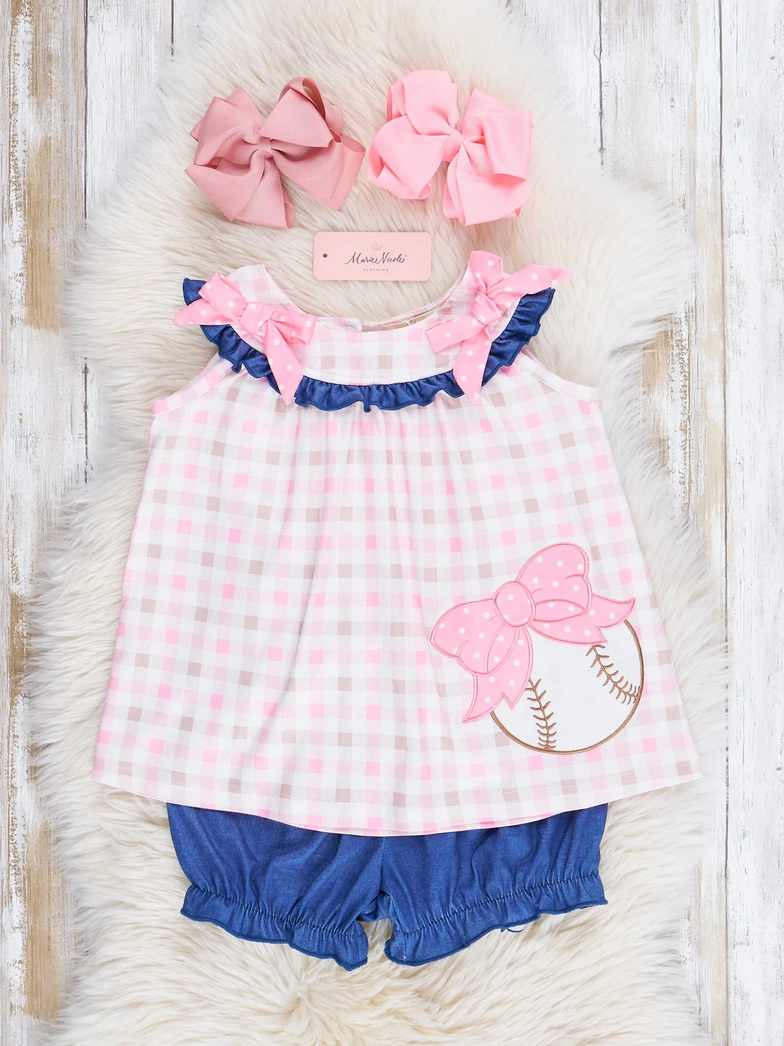 Pink & Navy Gingham Embroidered Baseball Ruffle Outfit
