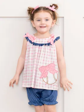 Pink & Navy Gingham Embroidered Baseball Ruffle Outfit
