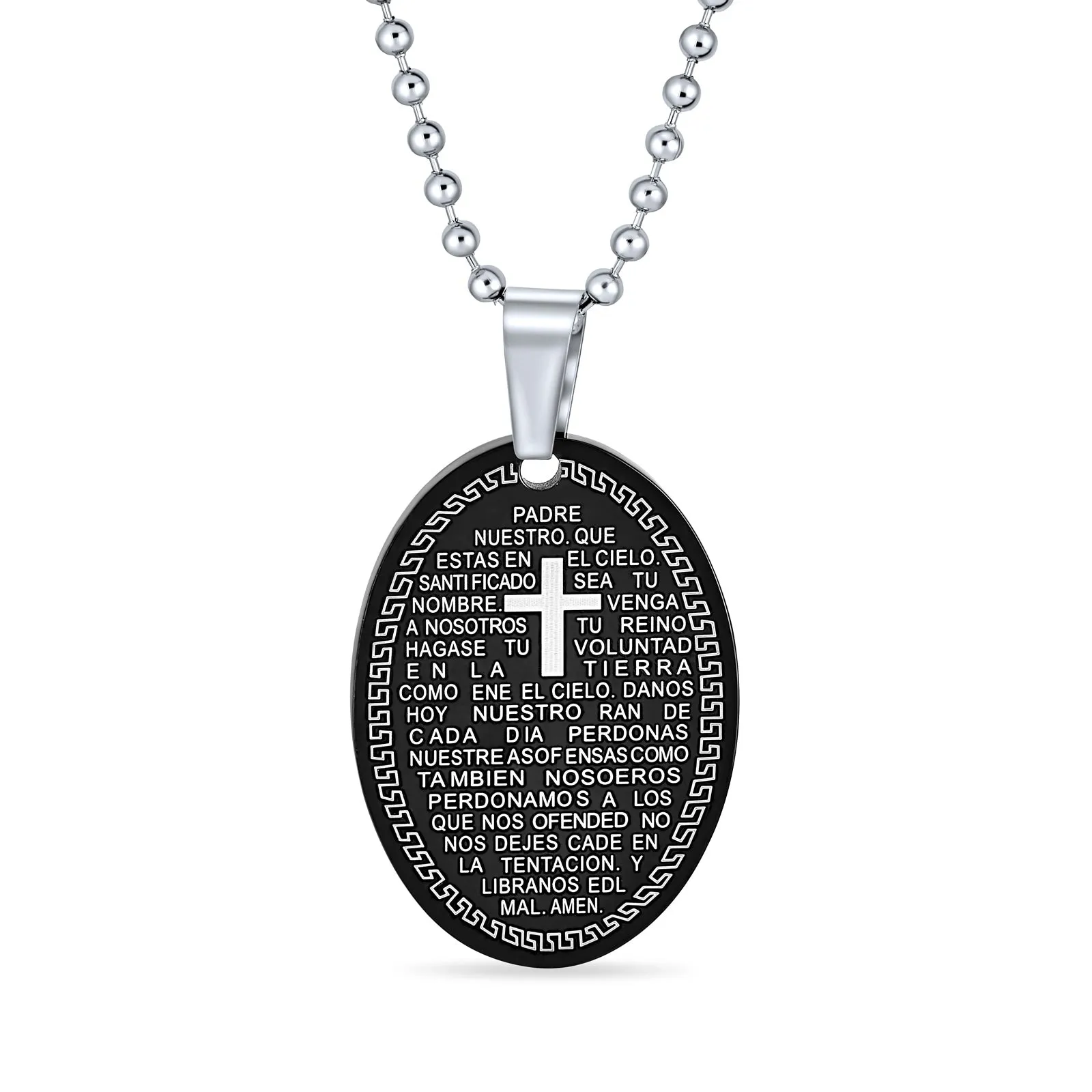 Protection Religious Our Lord's Prayer Oval Pendant Necklace for Men Black Silver Stainless Steel
