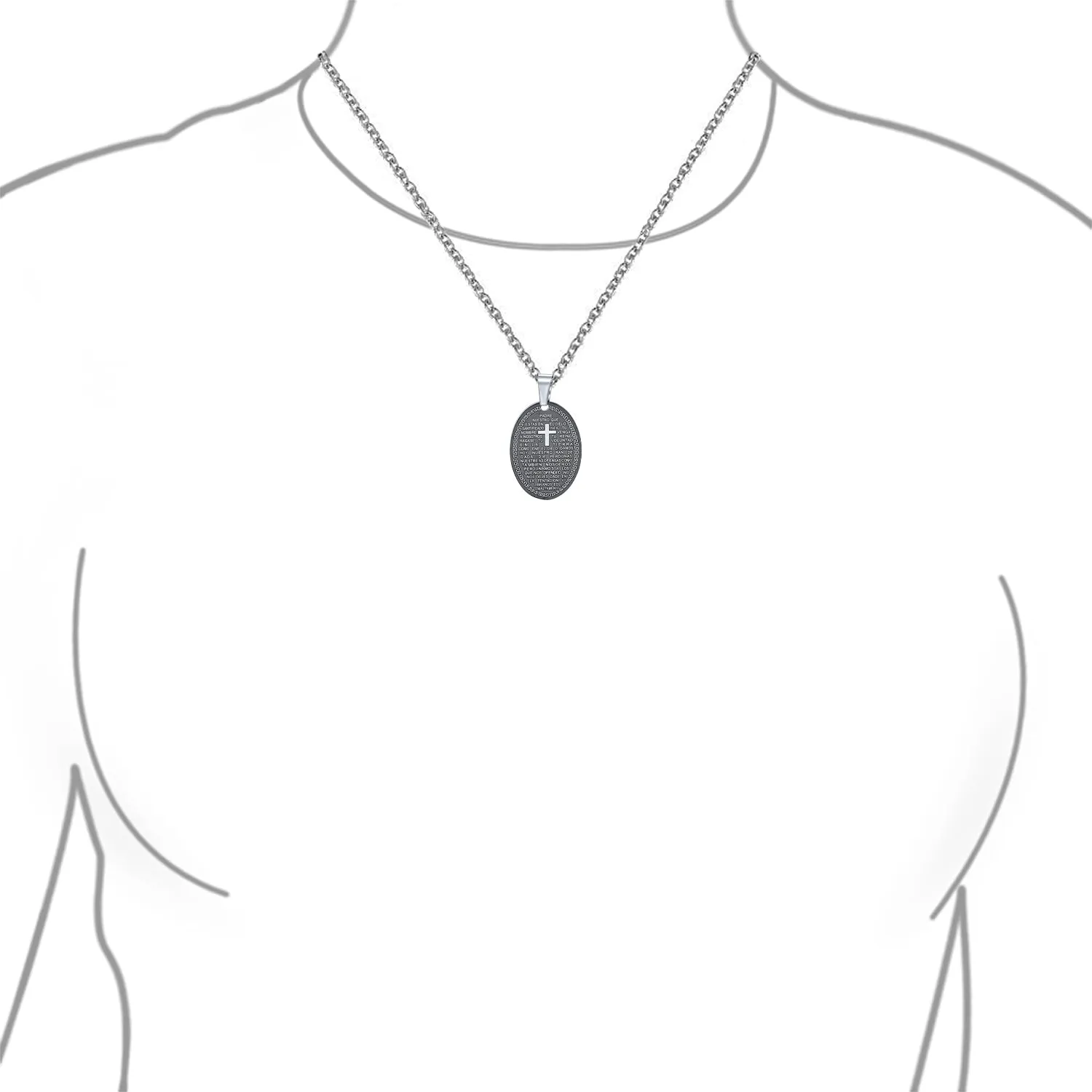 Protection Religious Our Lord's Prayer Oval Pendant Necklace for Men Black Silver Stainless Steel