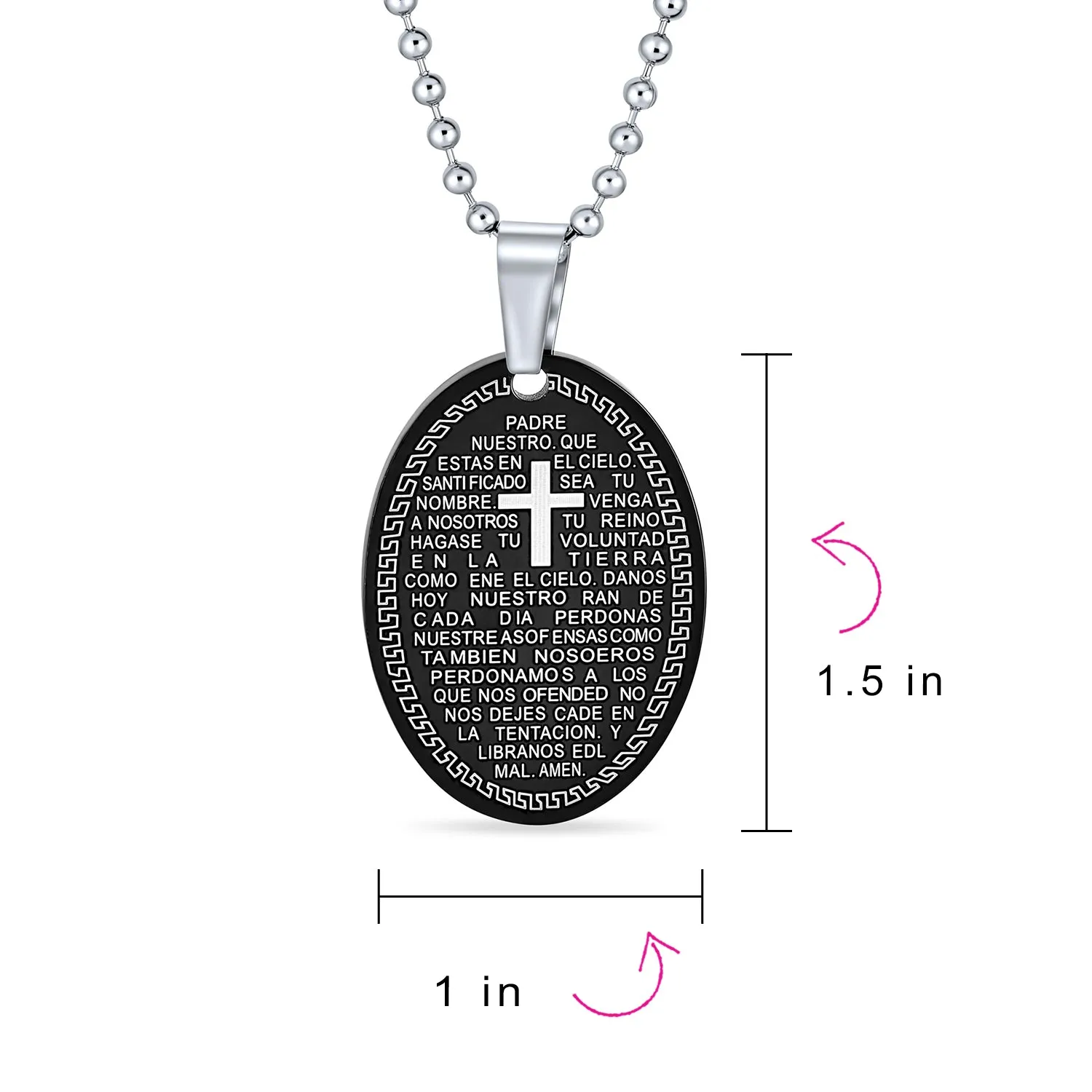 Protection Religious Our Lord's Prayer Oval Pendant Necklace for Men Black Silver Stainless Steel
