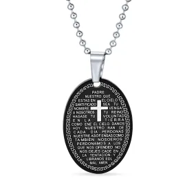 Protection Religious Our Lord's Prayer Oval Pendant Necklace for Men Black Silver Stainless Steel