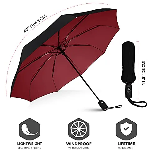 Repel Windproof Travel Umbrella - Wind Resistant - Black - Red