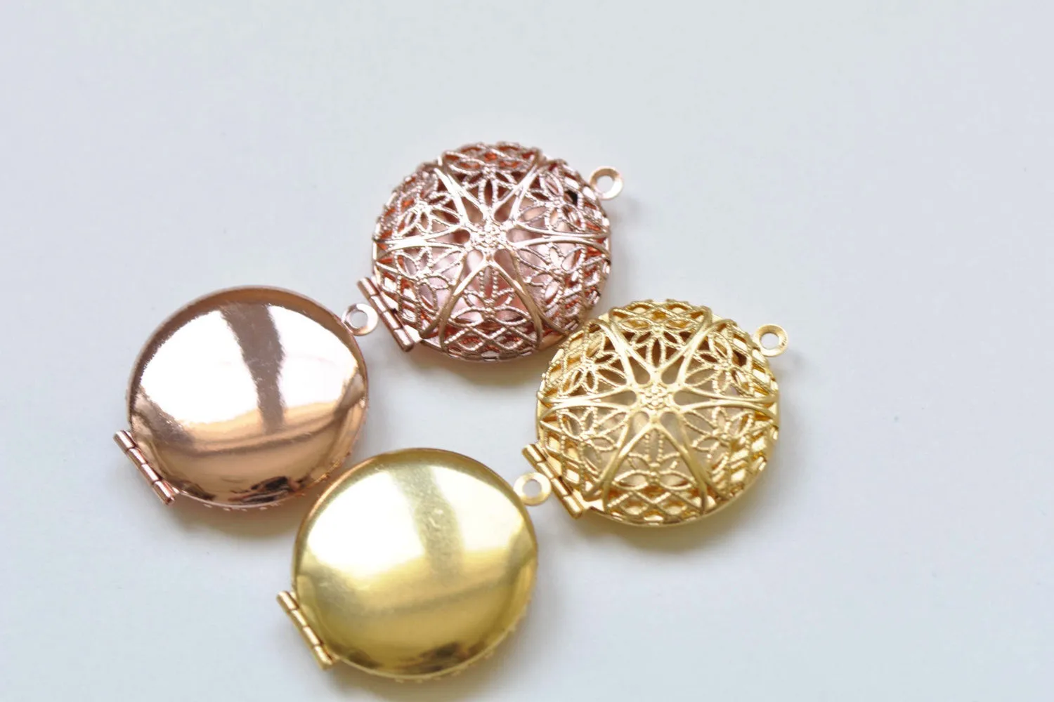 Rose Gold Photo Locket Filigree Pink Memory Pendants Set of 5 A8480