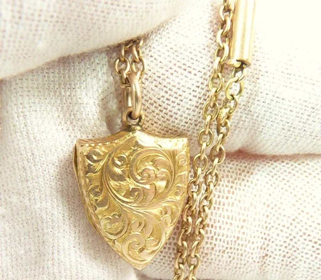 Solid Gold Edwardian Locket And Necklace Antique Fully Hallmarked Shield Locket 1902