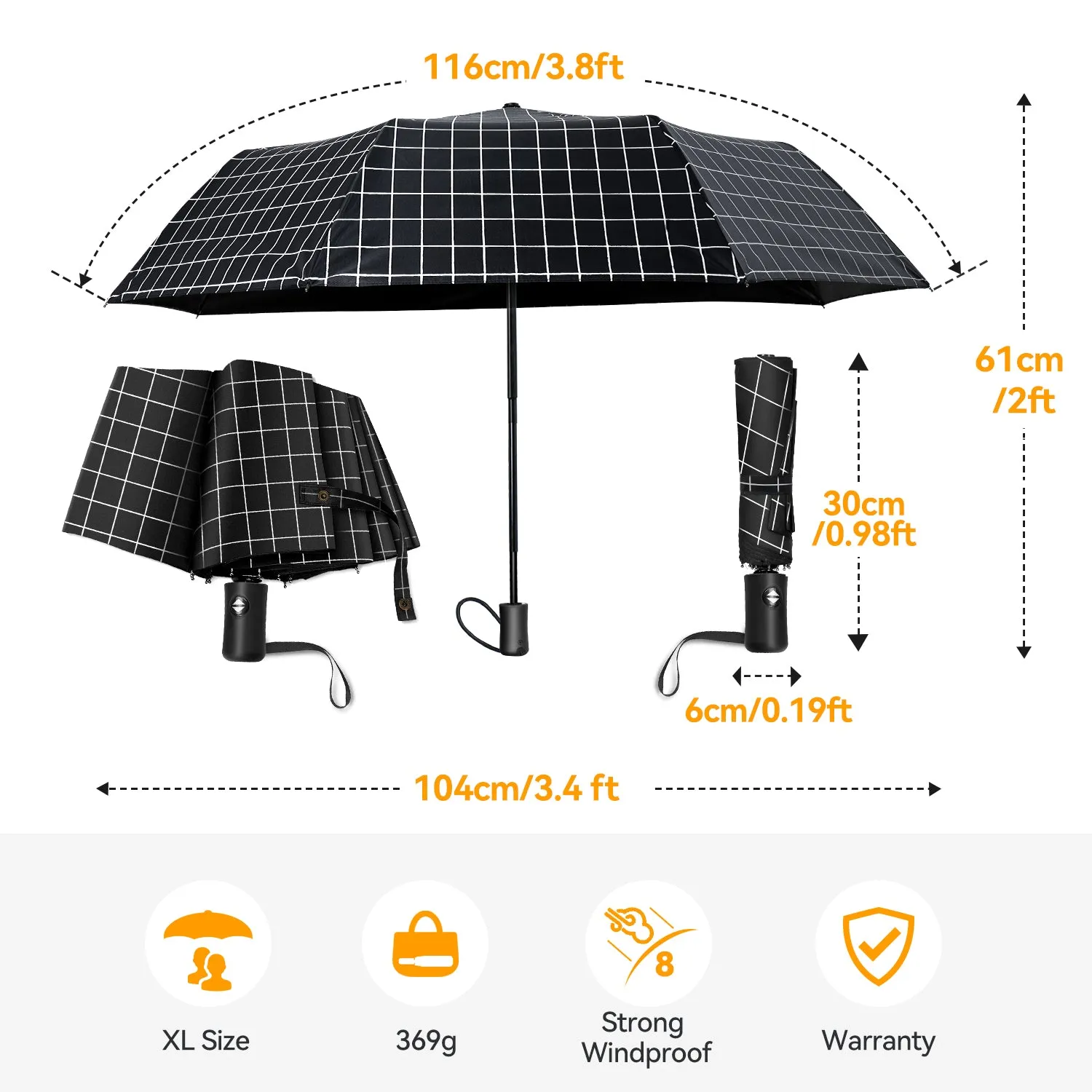 TechRise Classic Windproof Automatic Folding Compact Umbrella with 8 Ribs