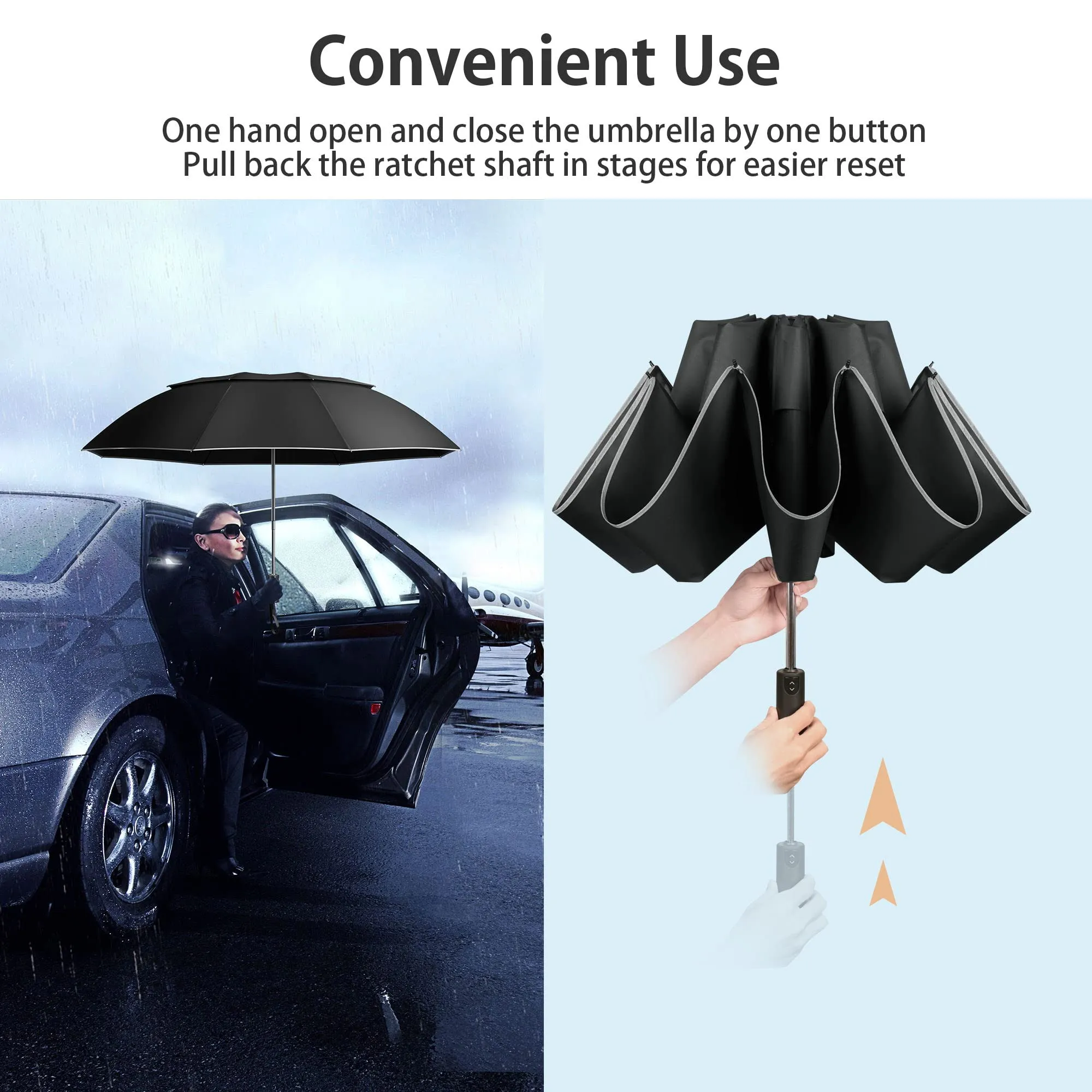 Urvoix Travel Umbrella Compact Windproof - Vented Double Canopy Umbrellas for Rain, Portable Umbrella Inverted Automatic Open Close with Reflective Strip