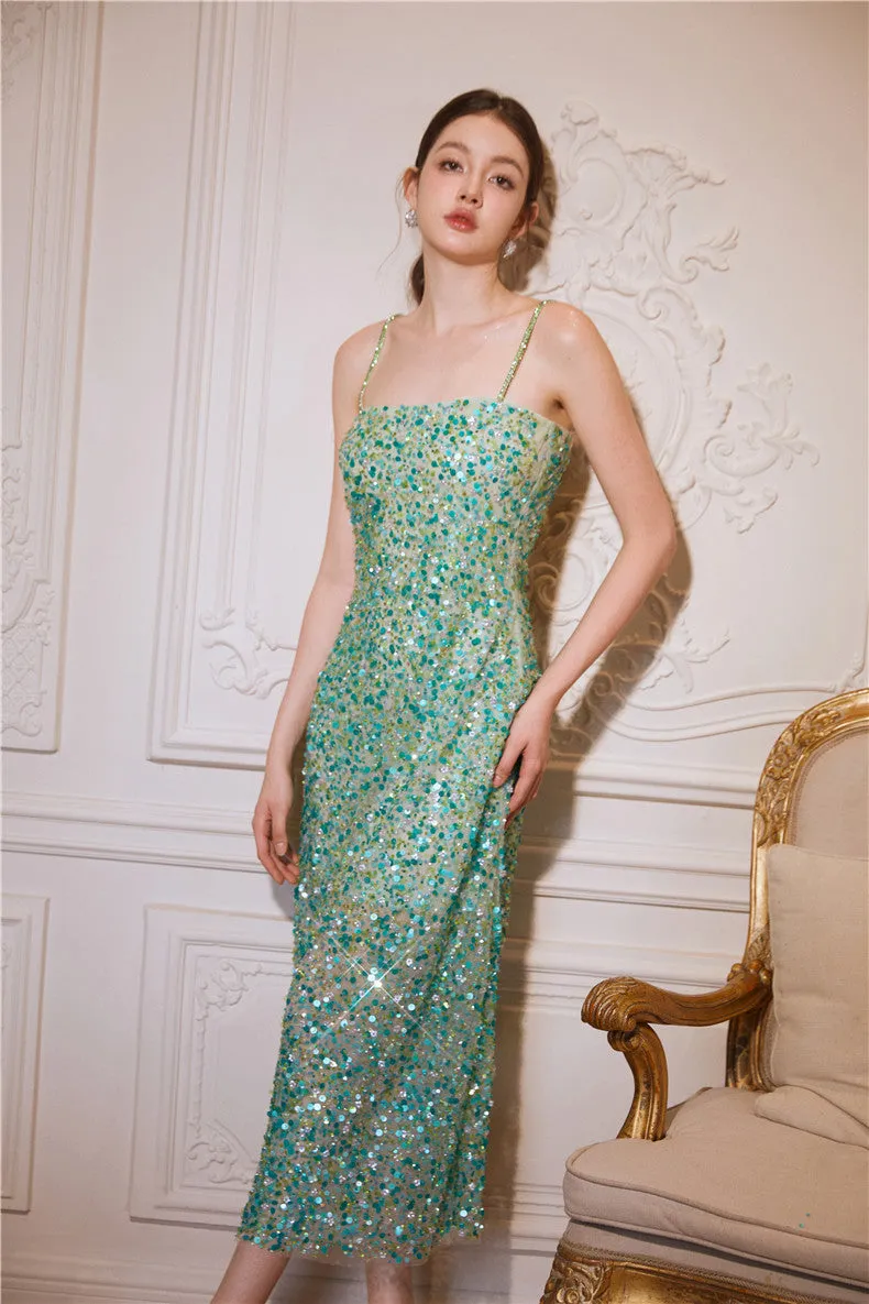 Wardrobes by Chen Elegant Green Sequin Diamond Maxi cocktail Dress-Willow