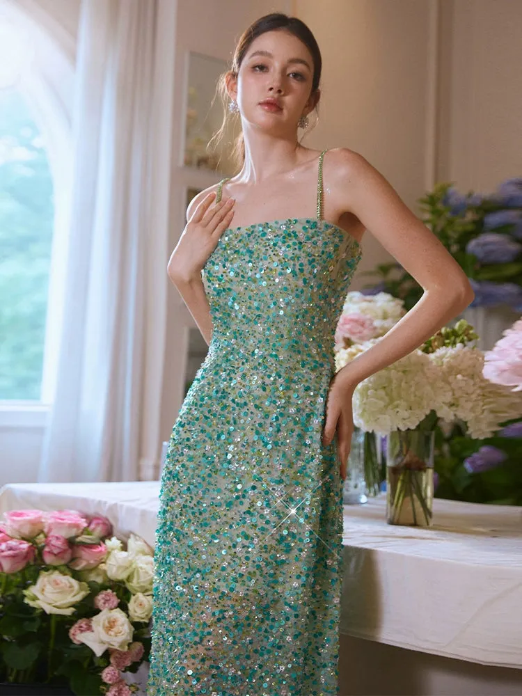 Wardrobes by Chen Elegant Green Sequin Diamond Maxi cocktail Dress-Willow