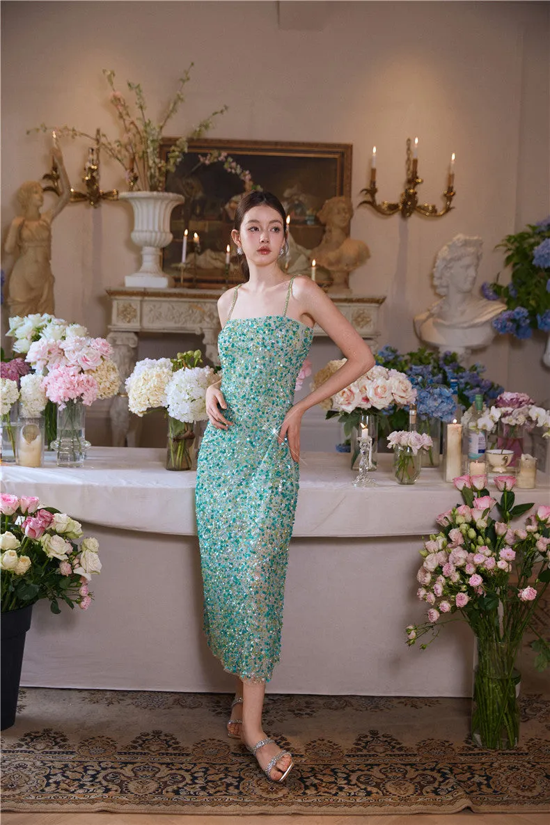 Wardrobes by Chen Elegant Green Sequin Diamond Maxi cocktail Dress-Willow
