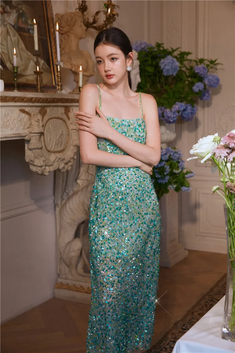 Wardrobes by Chen Elegant Green Sequin Diamond Maxi cocktail Dress-Willow