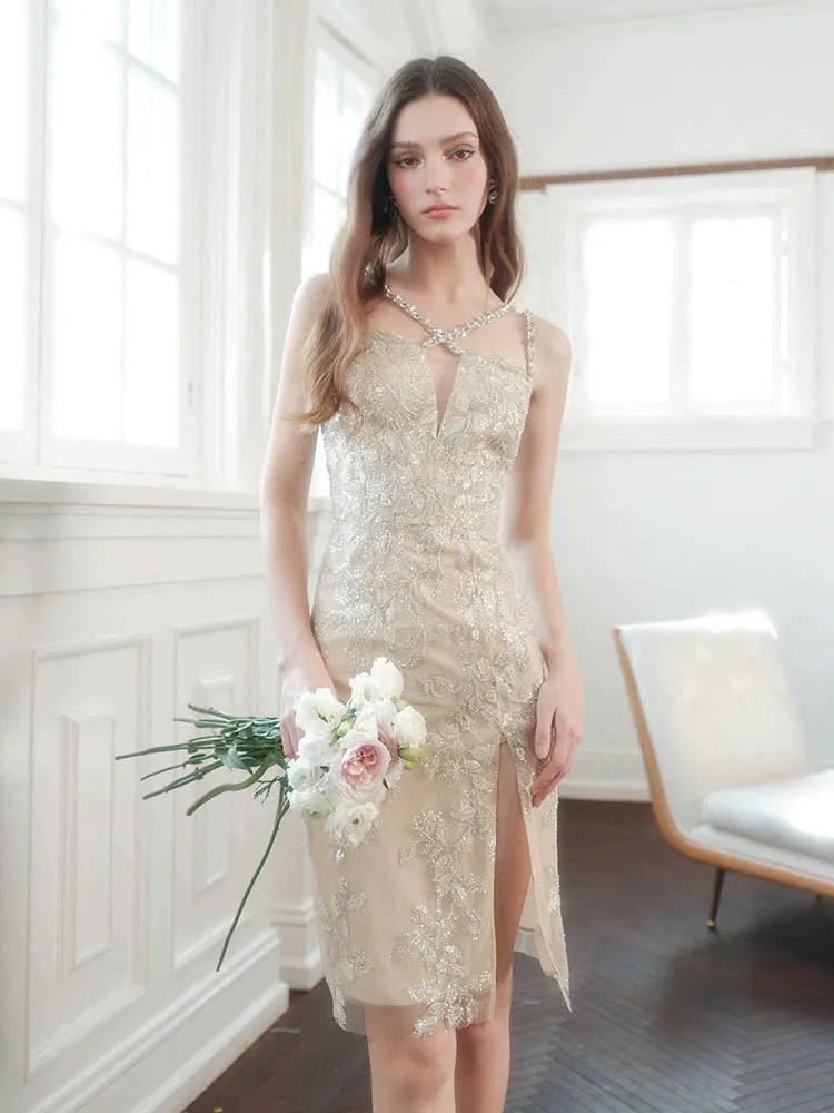 Wardrobes by Chen Luxury Gold Sleeveless Diamond Strap Dinner Dress-Dorei