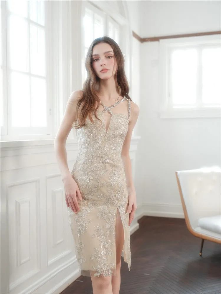 Wardrobes by Chen Luxury Gold Sleeveless Diamond Strap Dinner Dress-Dorei