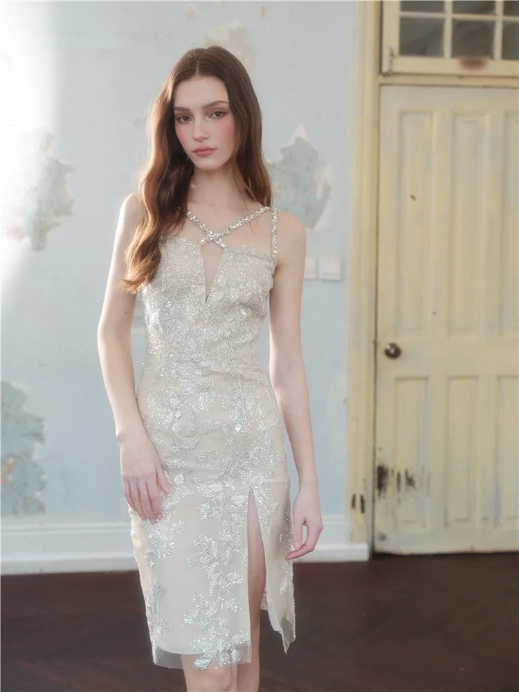 Wardrobes by Chen Luxury Gold Sleeveless Diamond Strap Dinner Dress-Dorei