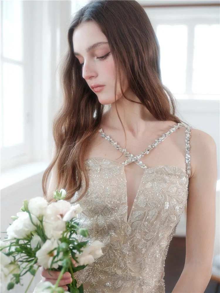 Wardrobes by Chen Luxury Gold Sleeveless Diamond Strap Dinner Dress-Dorei