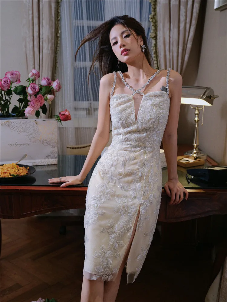 Wardrobes by Chen Luxury Gold Sleeveless Diamond Strap Dinner Dress-Dorei