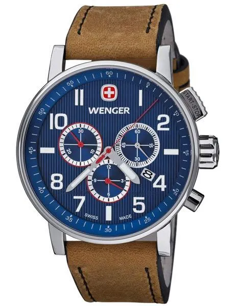 Wenger Mens Attitude Chronograph - Blue Dial - Tan Leather Strap - 100M WR