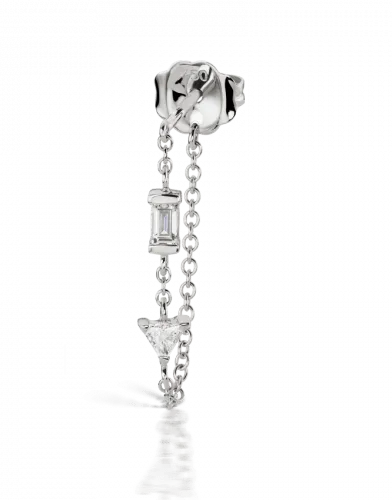 White Gold Baguette and Triangle Diamond Chain Wrap Stud Earring
