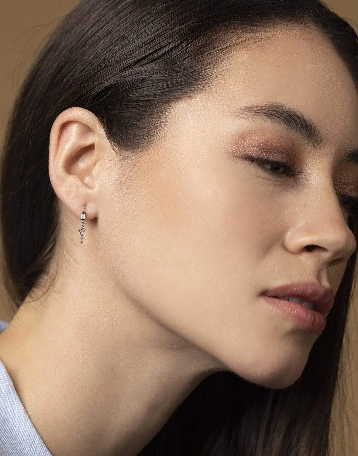 White Gold Baguette and Triangle Diamond Chain Wrap Stud Earring