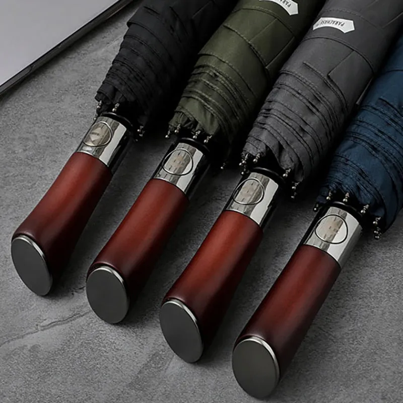 Windproof Large Umbrella for Men 10 Ribs Fully Automatic Umbrella Heavy Rain Outdoor Wooden Folding Umbrellas Compact Parasol