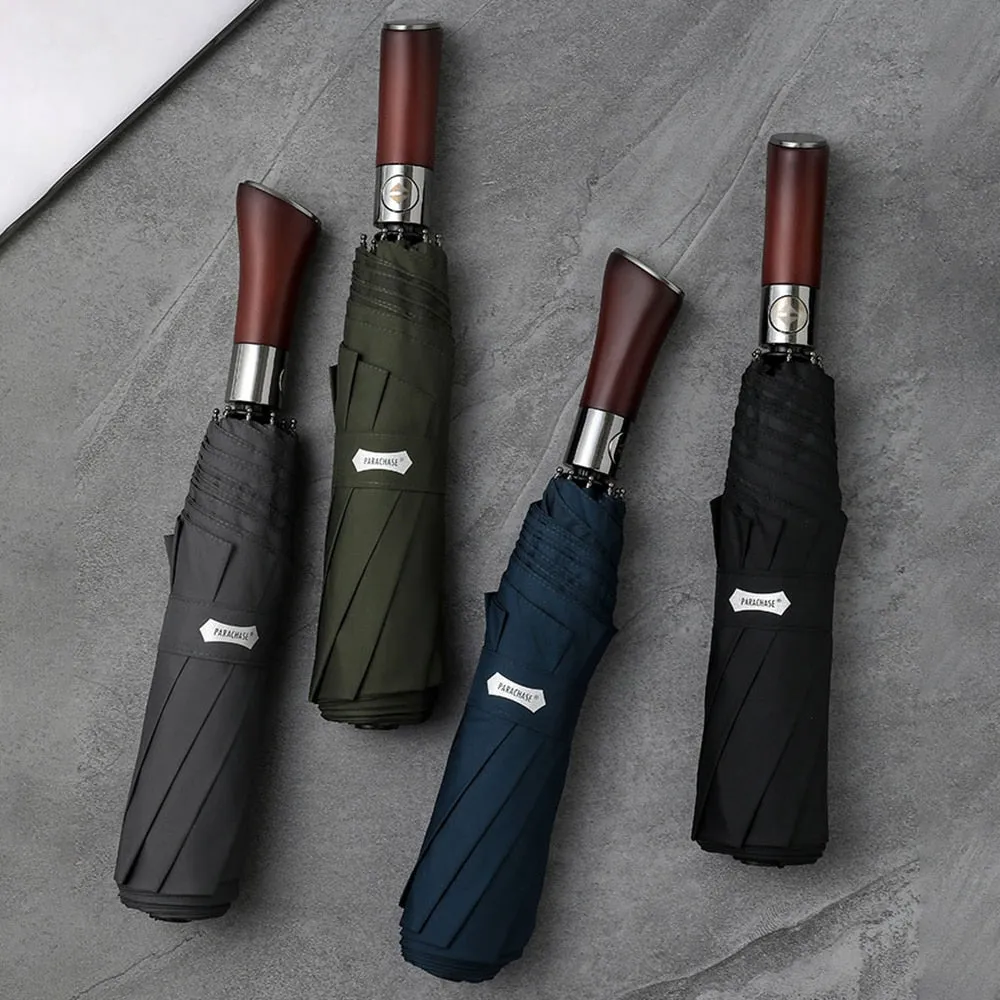 Windproof Large Umbrella for Men 10 Ribs Fully Automatic Umbrella Heavy Rain Outdoor Wooden Folding Umbrellas Compact Parasol