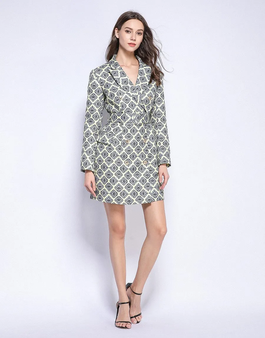 Yellow and mono diamond tile shape blazer dress
